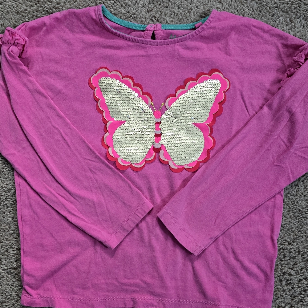 Mini Boden Fuchsia Pink Long Sleeve Top with Sequins Butterfly Appliqué 6-7